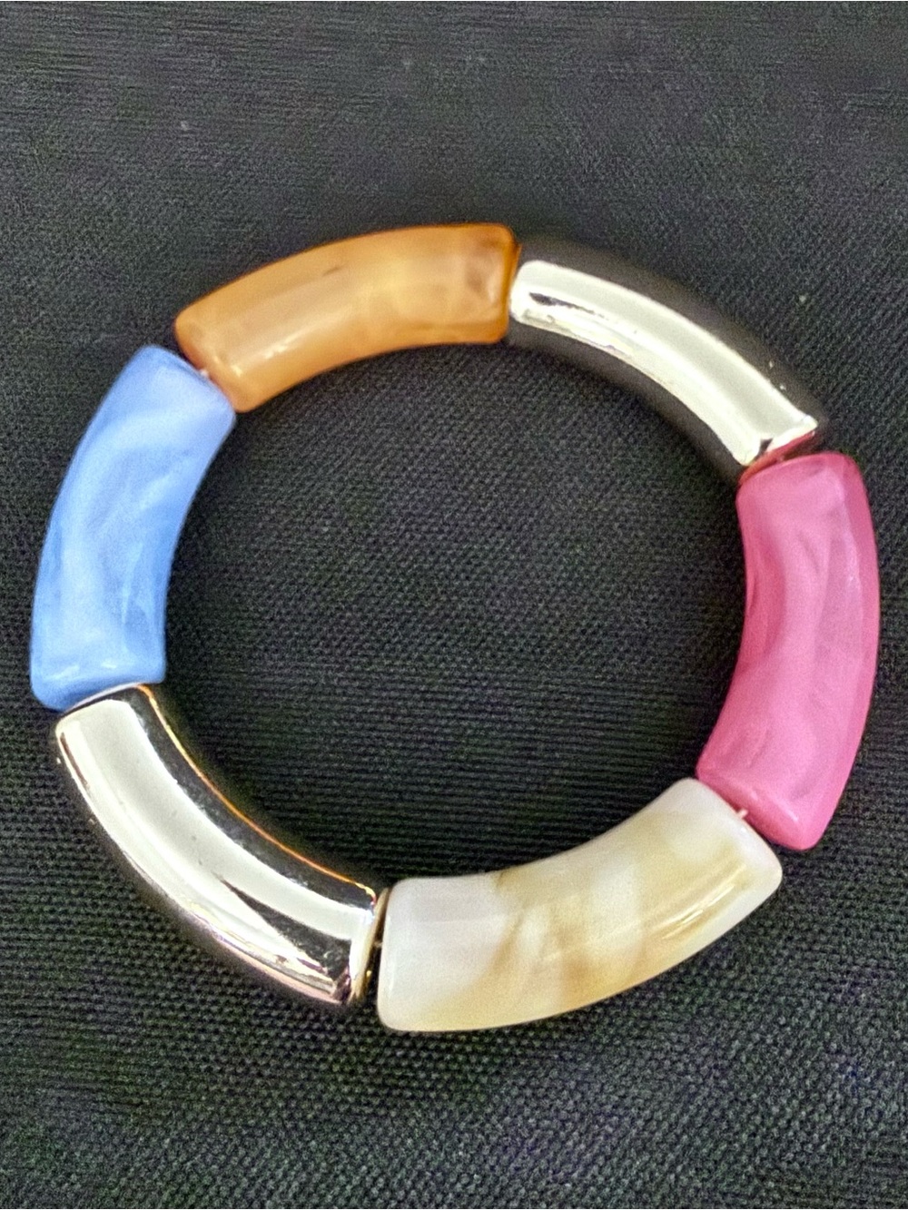 Color Block Resin Tube Stretch Bracelet Silver Tone Blue Pink Orange Ivory Boho